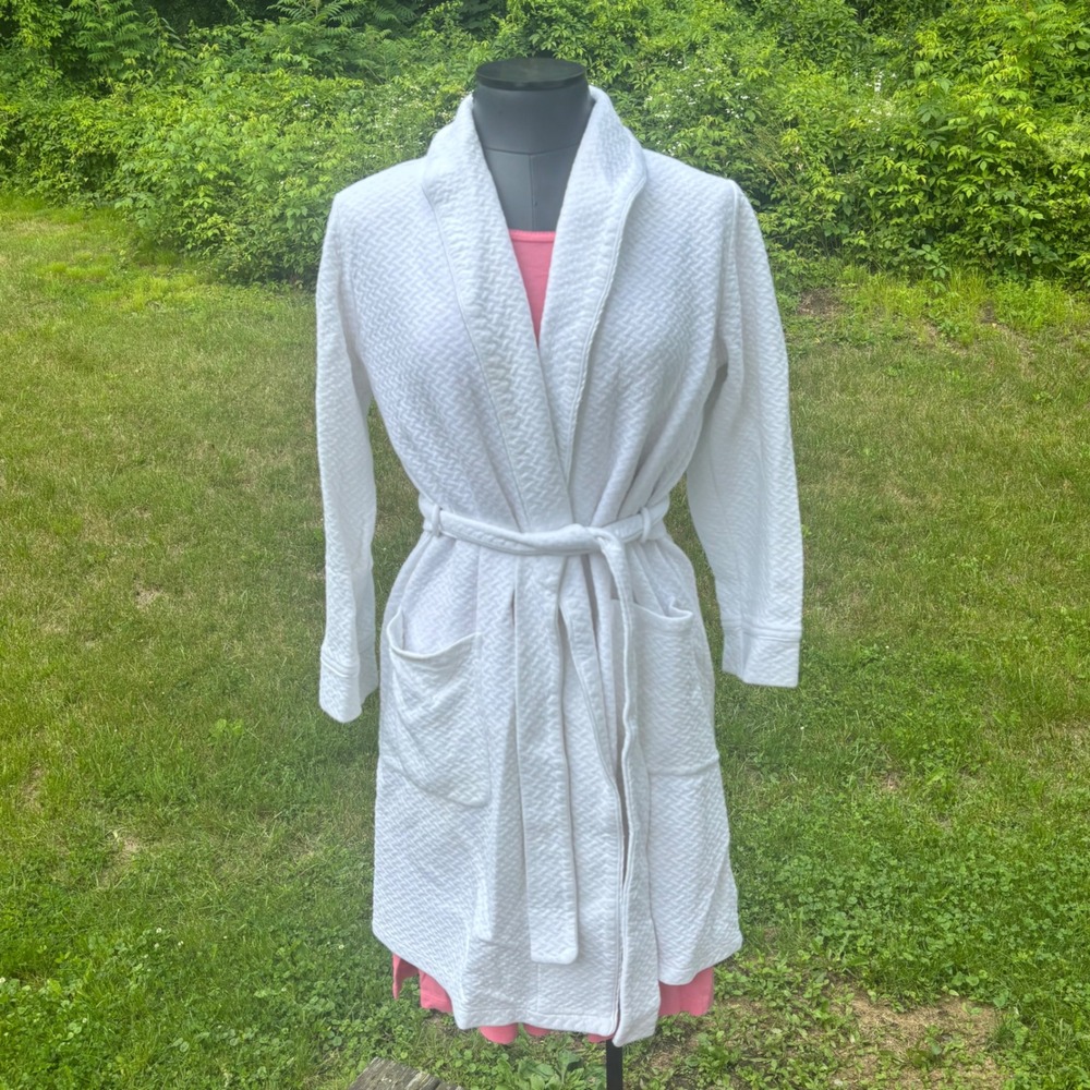 Women's Small CARMEN VON GLASER White Pima Cotton Long Sleeve Short Bathrobe